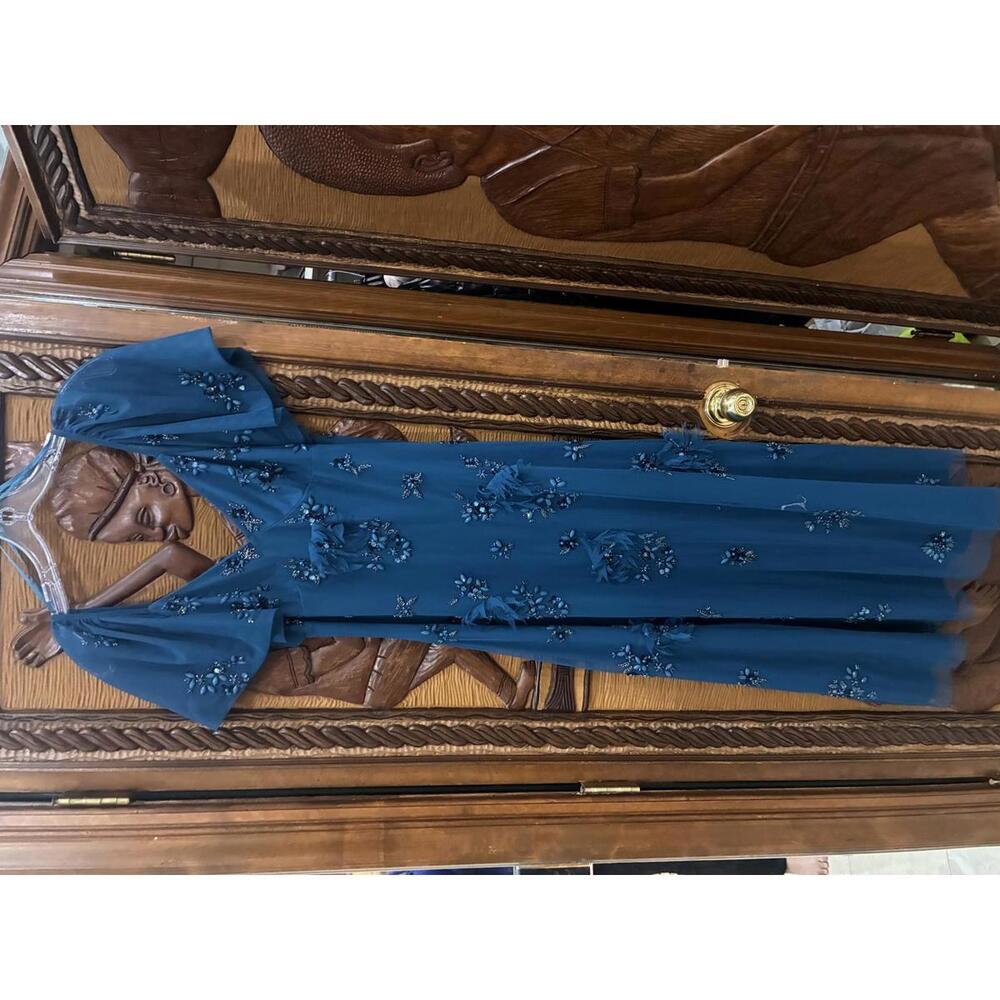 Adrianna Papell Teal Beaded V-Neck Midi Dress - Picture 2 of 5